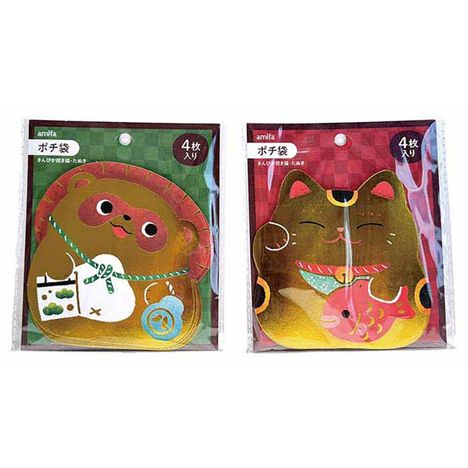 ポチ袋４枚　きんぴか招き猫・たぬきの画像