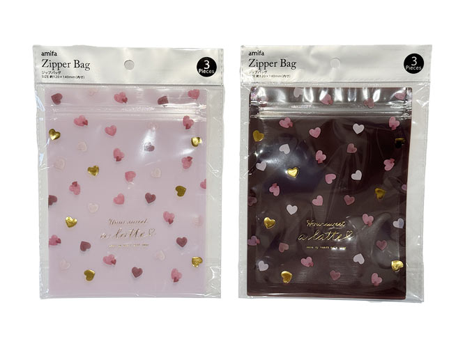 ジップバッグ　Ｍ　３Ｐ　水彩ラテハートの商品画像