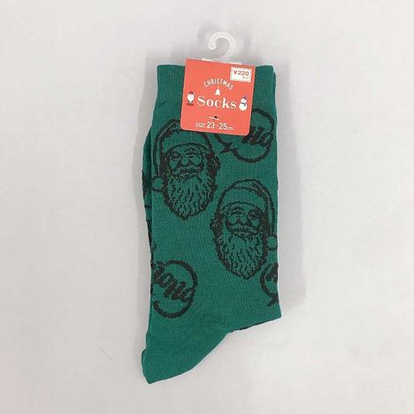 婦人クルー丈靴下リアルサンタ柄　緑の商品画像